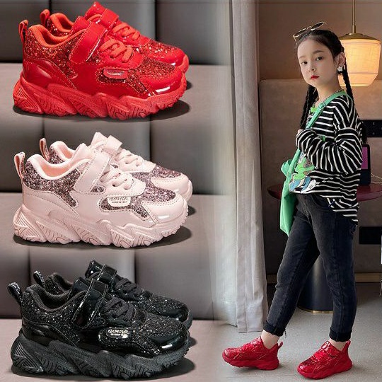 Qeede_Store [COD] Sepatu CHILL Sneakers Import Anak Perempuan Glitter Glossy Size 26-37