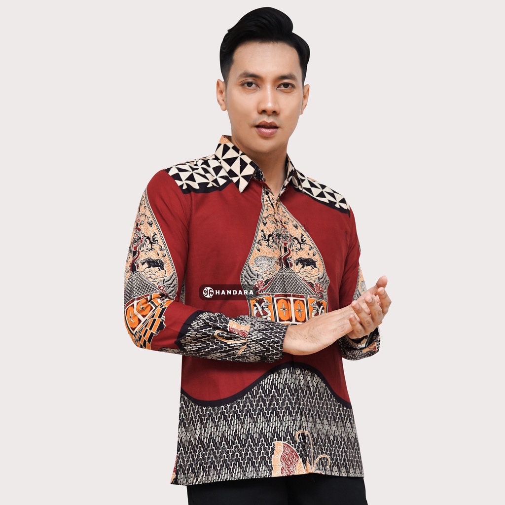 Baju Kemeja Batik Pria Lengan Panjang Slim Fit Premium Modern Full Furing Katun Halus Original Handara Motif Gunungan Sindoro Merah Maroon HB-101