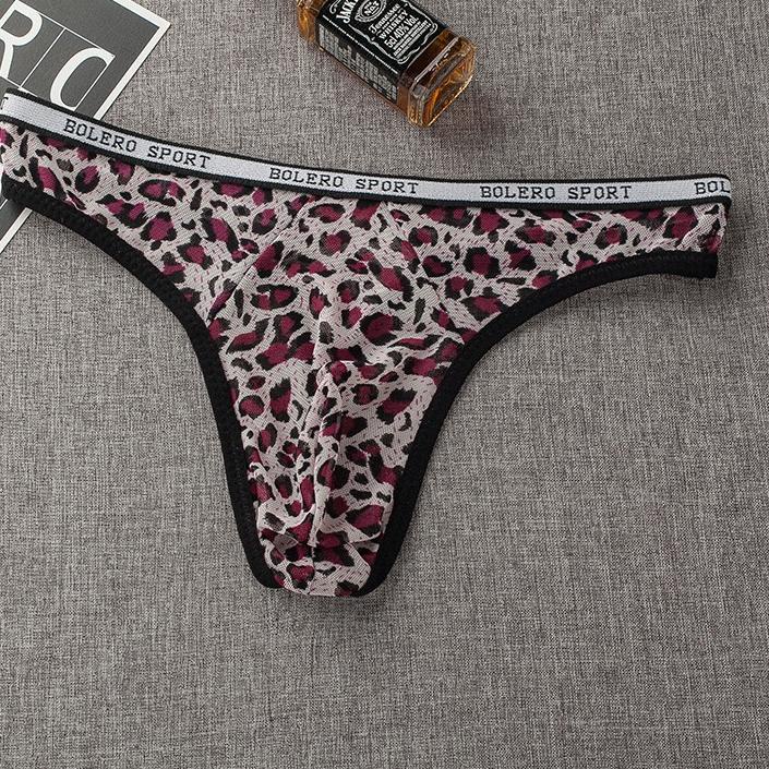 ♛ G String Pria Seksi Low Waist Transparan Mesh Celana Dalam Pria Leopard Pola U Segitiga Thong Y055