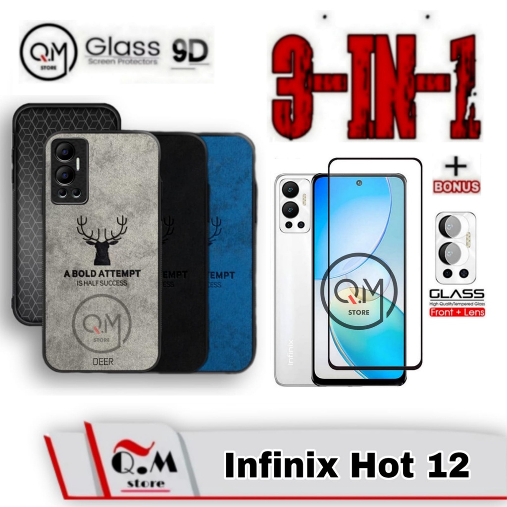 Paket 3 in1 Case Deer Infinix Hot 12 / Infinix Hot 12 Play / Hot 12i Softcase deer High Quality Bermotif Deer Jens Pelindung Back Cover