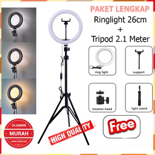 PAKET LENGKAP Ringlight 26 cm + Tripod 2.1 Meter / Lampu Beauty / Tik tok / Make up / Ring light / Lampu Selfie / Studio / Vlog / 3 Mode Cahaya LED / BONUS ballhead