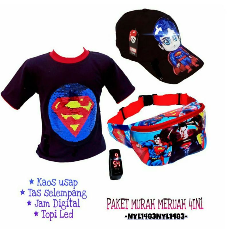 [BIG SALE]PAKET KOMPLIT 4 IN 1 KAOS ANAK_WAISTBAG_TOPI_JAM TANGAN DIGITAL MOTIF SUPERMEN