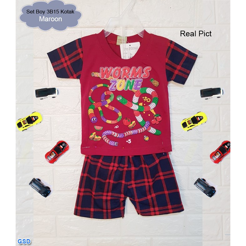 Set Boy 3b15 Kotak/Setelan Baju Celana Anak Bayi 1thn Motif Kotak/Set Pakaian Baju Anak Bayi Murah