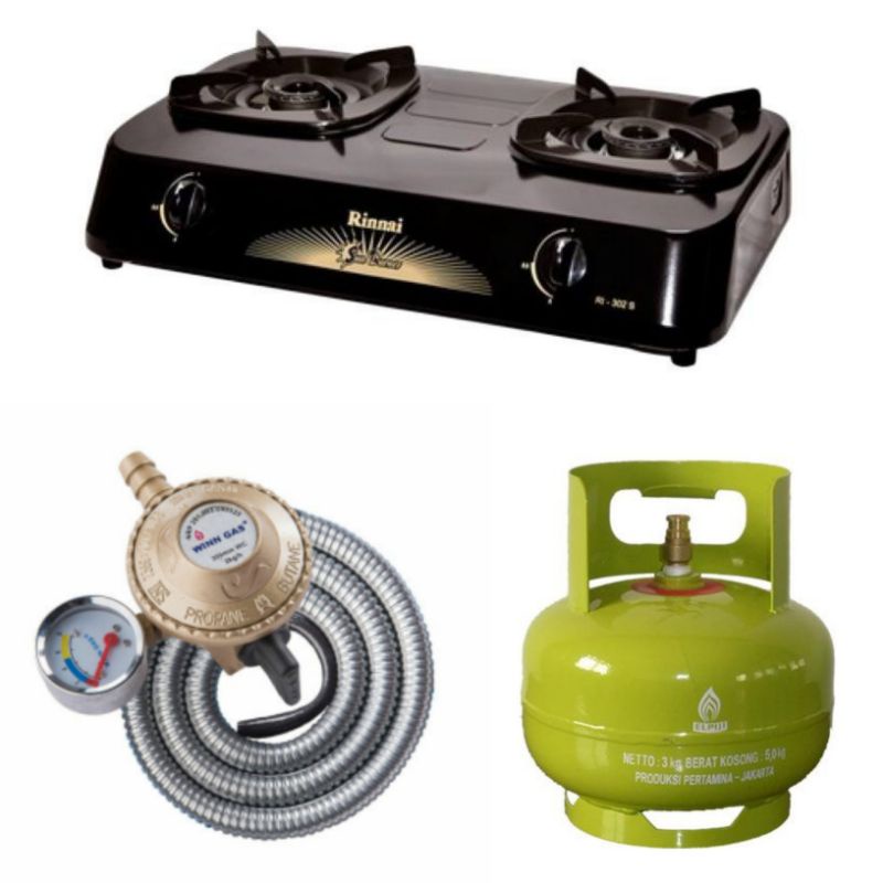 Rinnai Kompor Gas 2 Tungku RI-302S + Selang Regulator Paket Winn Gas/Tekva + Tabung Gas 3 Kg Dengan 