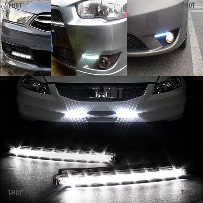 Lampu DRL Mobil 8 Mata LED BONUS Plat Bracket Dudukan 2pcs