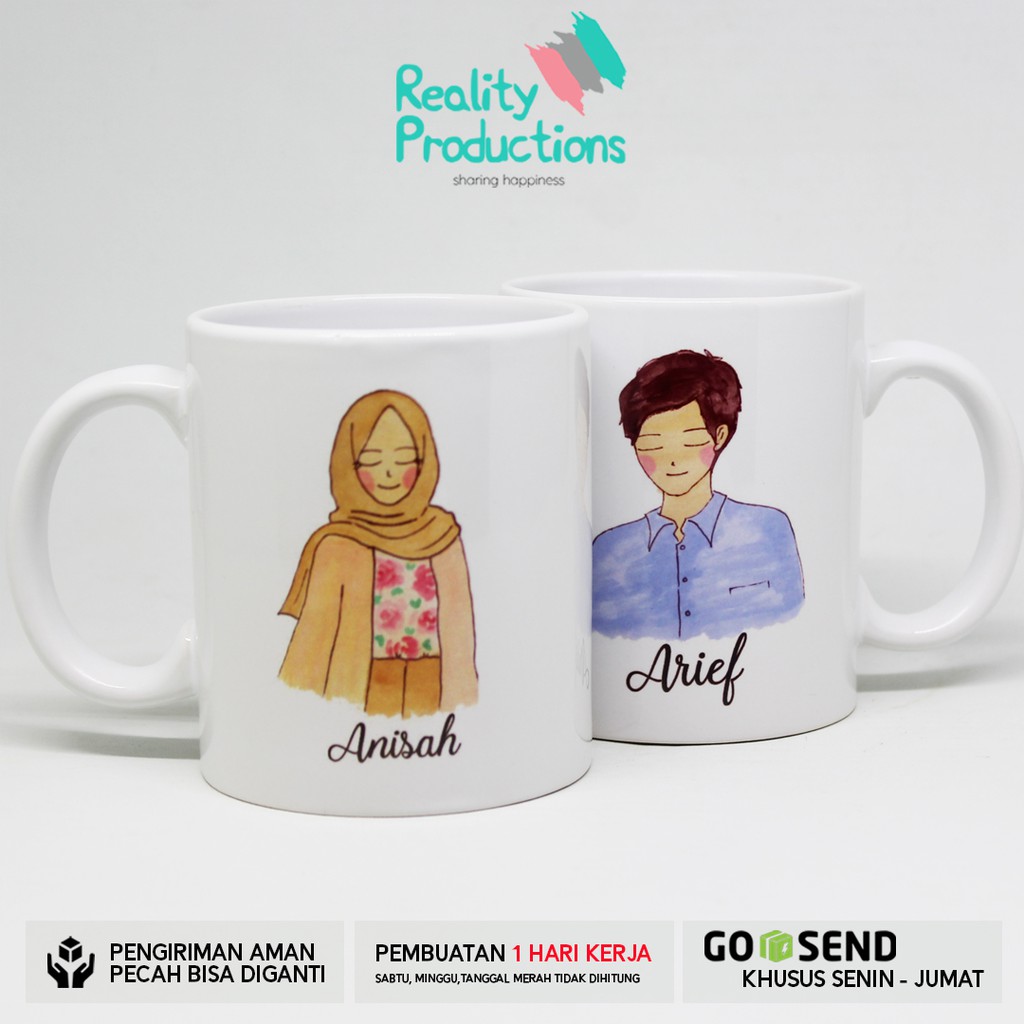 Mug Couple Doodle Pengantin Hijab Cantik 2 untuk Kado Pernikahan