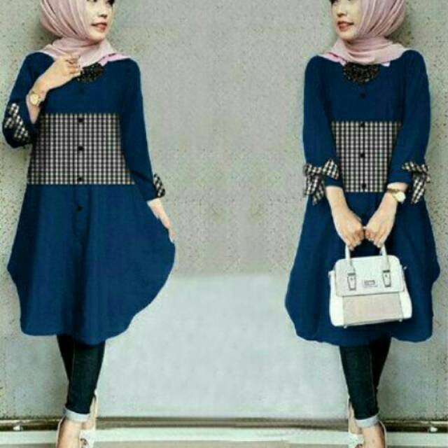KEMEJA WANITA,TUNIK RIBBON KOTAK NAVY