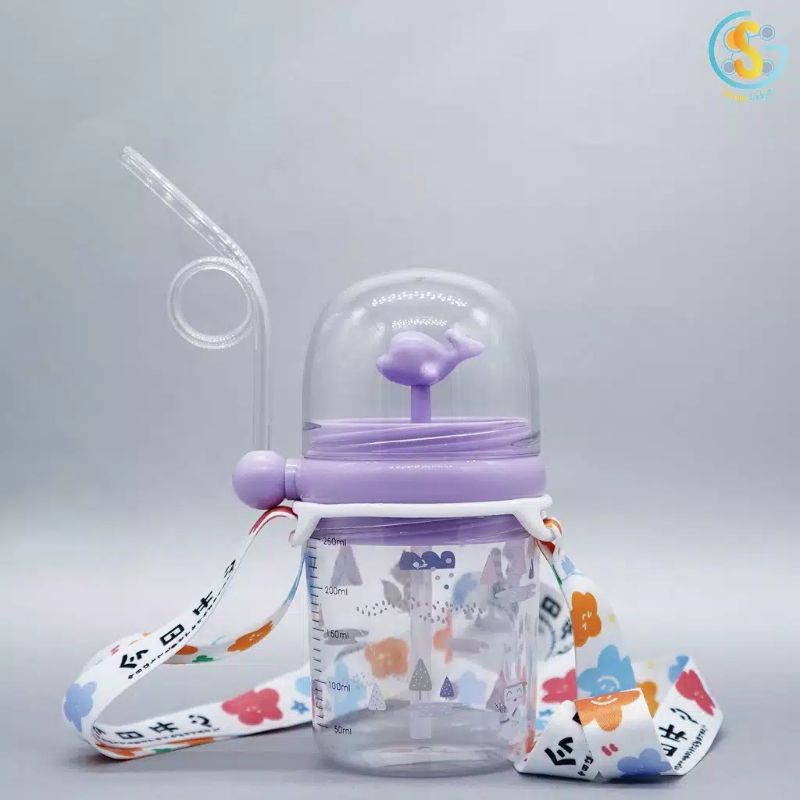 Botol Minum Anak Air Mancur Paus Sedotan, Tutup Sedotan dan Tali Panjang BPA FREE 260ml (B819-2)