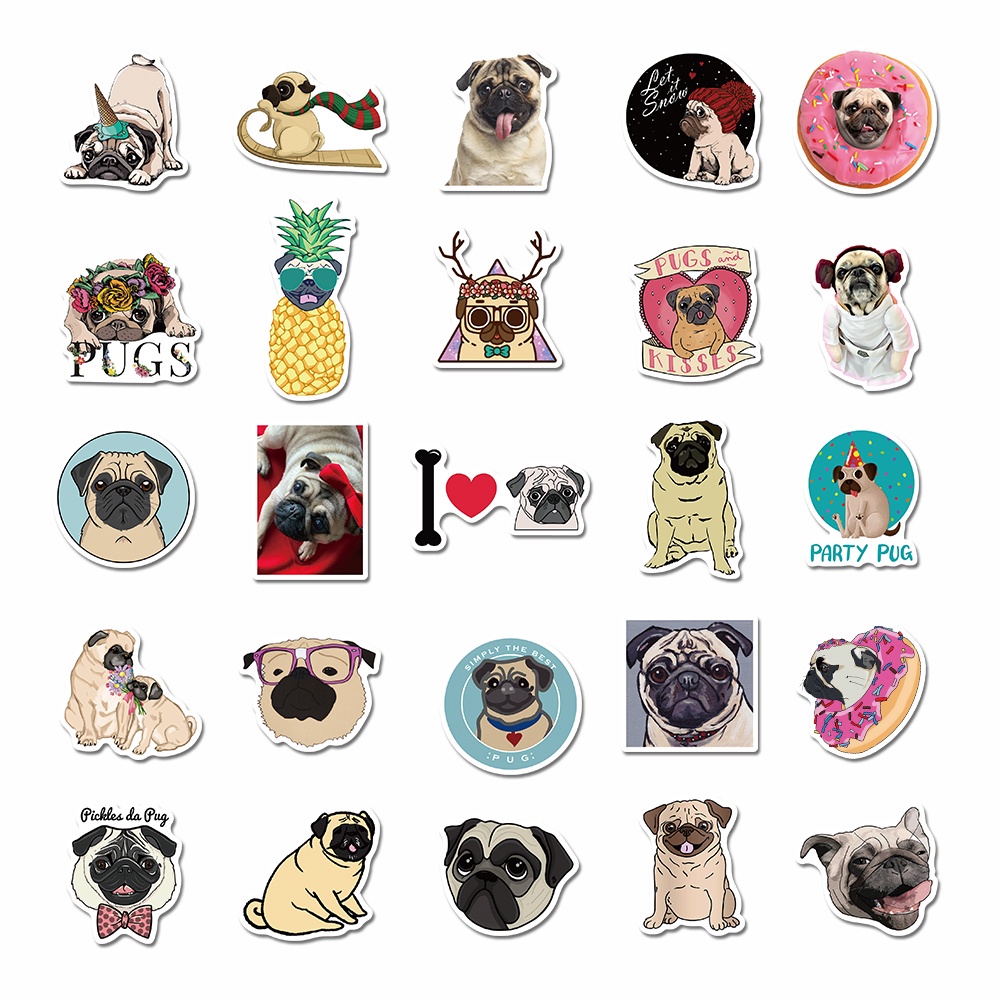 [In stock] 50pcs cute pug cartoon stickers, funny hand account stickers, children's toys, computer waterproof stickers