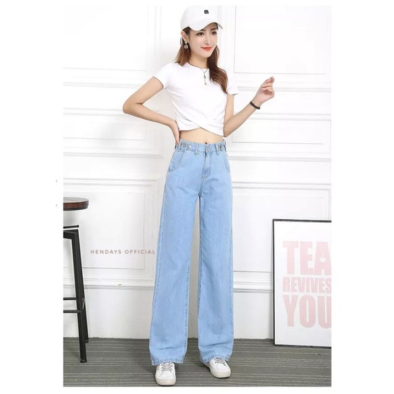 Celana Highwaist Cargo Jeans Wanita Loose Light Blue