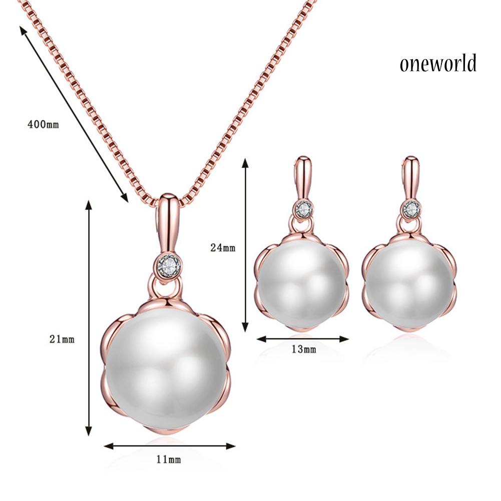 OW@ Ladies Round Faux Pearl Rhinestone Inlaid Pendant Necklace Earrings Jewelry Set