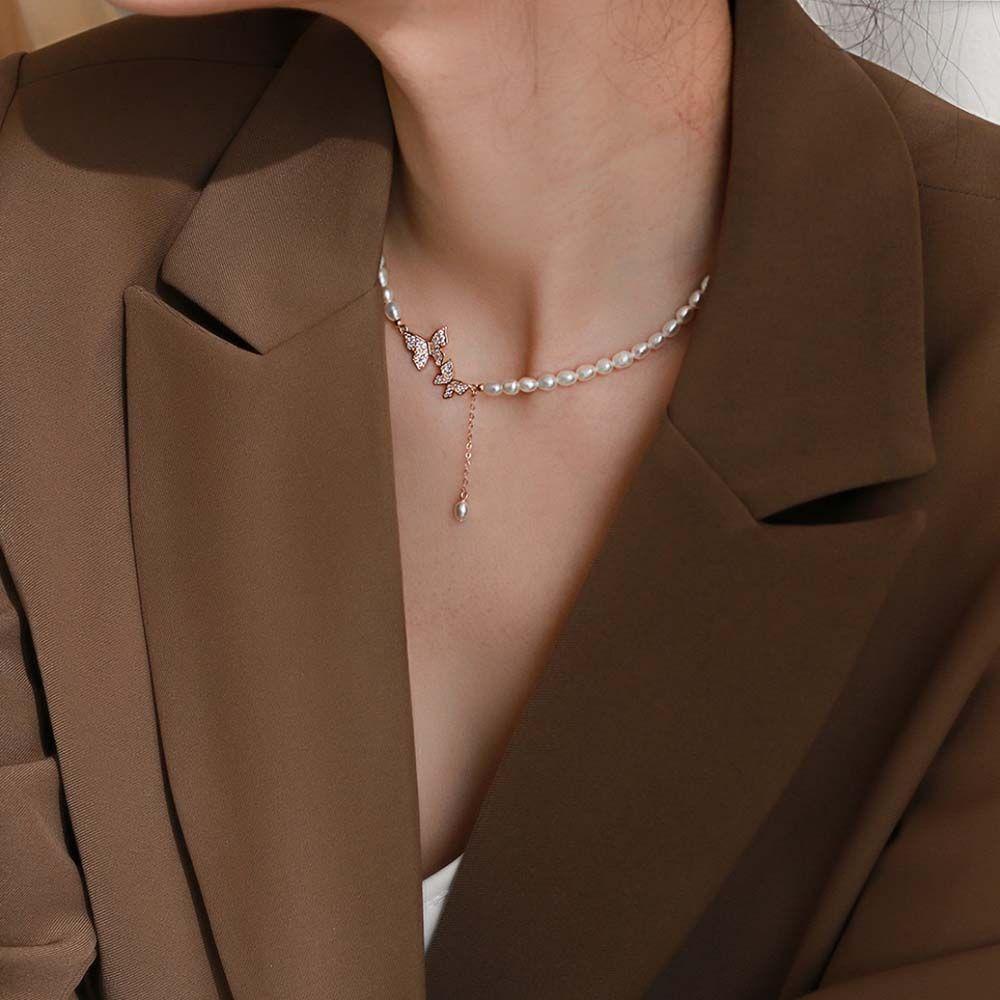 Agustina Wanita Kalung Pendek Elegan Temperamen Gadis Hadiah Pesta Perhiasan Mutiara Imitasi Berlian Imitasi Kupu-Kupu Butterfly Klavikula Rantai