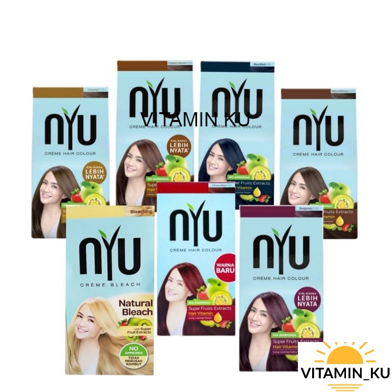 NYU CREME HAIR COLOUR Pewarna Rambut/ Cat Rambut Natural (TANPA AMONIA) Black Brown Blue Bleaching Red Color VITAMINKU