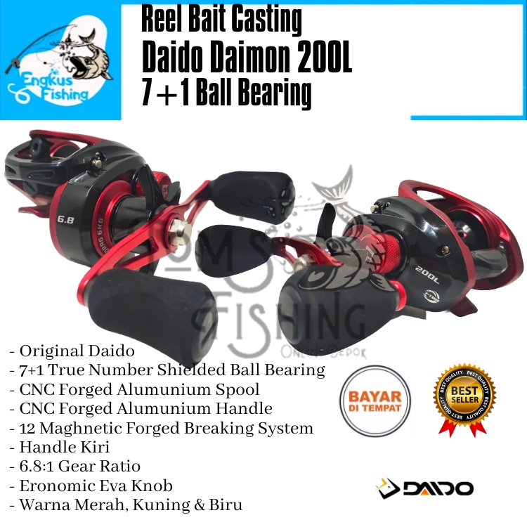 Reel Pancing BC BaitCasting Daido Daimon 200L (7+1 Bearing) 6.8:1 Handle kiri Drag 6kg Murah - Engkus Fishing