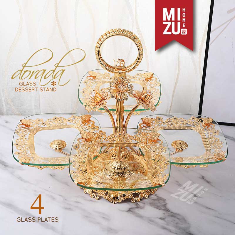 MIZU DORADA Glass Dessert Stand Cupcake Stand Snack Tower Menara Kue Emas Piring Kaca Susun Dekorasi-1