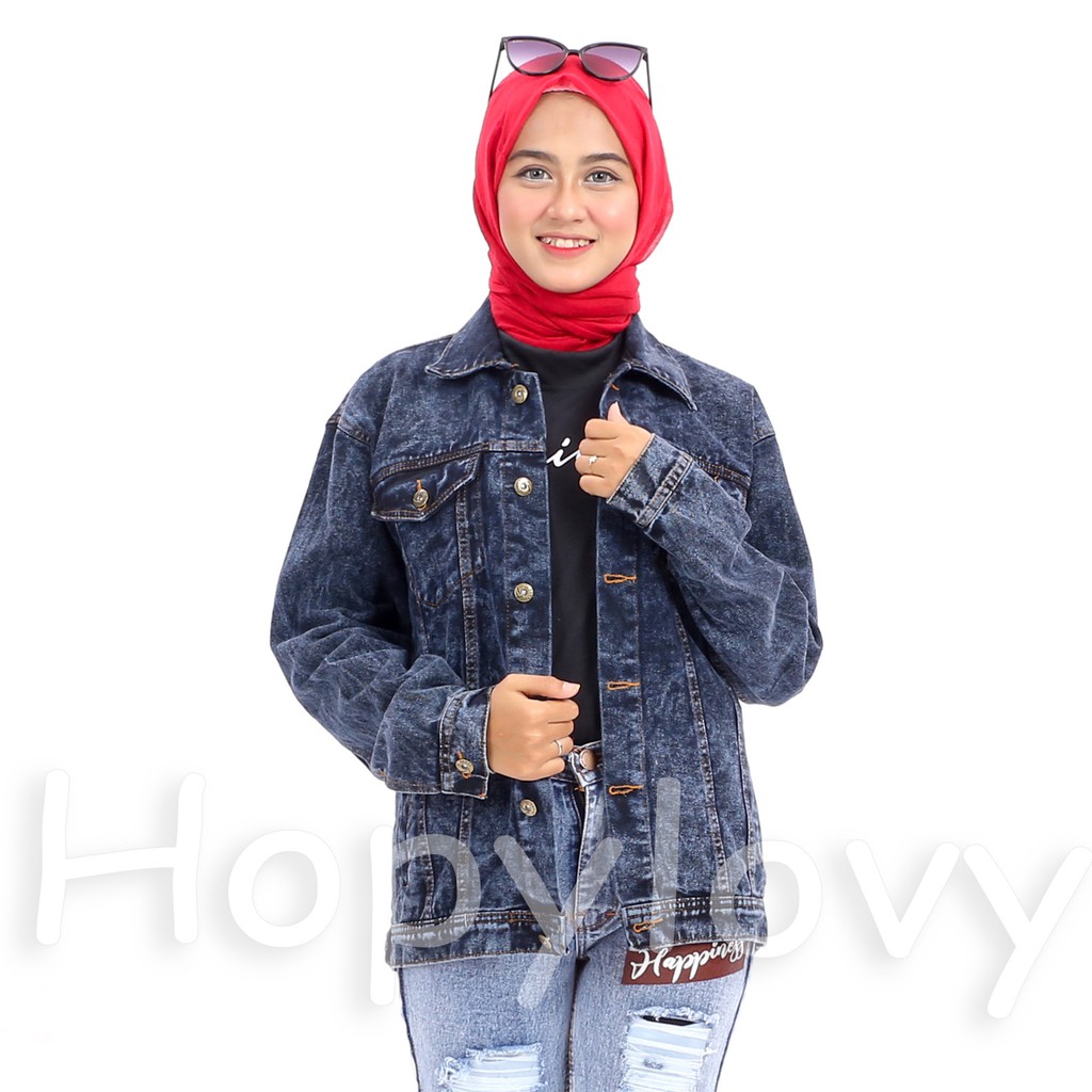 HOPYLOVY - Jaket Jeans Oversize Sanwash Ada Kantong Samping Alma