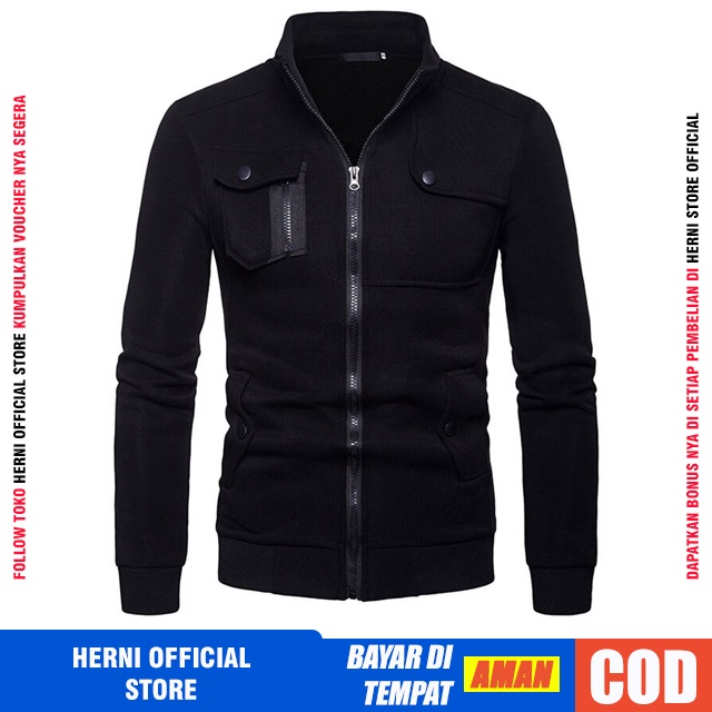 Jaket Pria Bahan Fleece Cotton Katun Tebal Import Original Cowok Casual Distro Keren Premium-HITAM