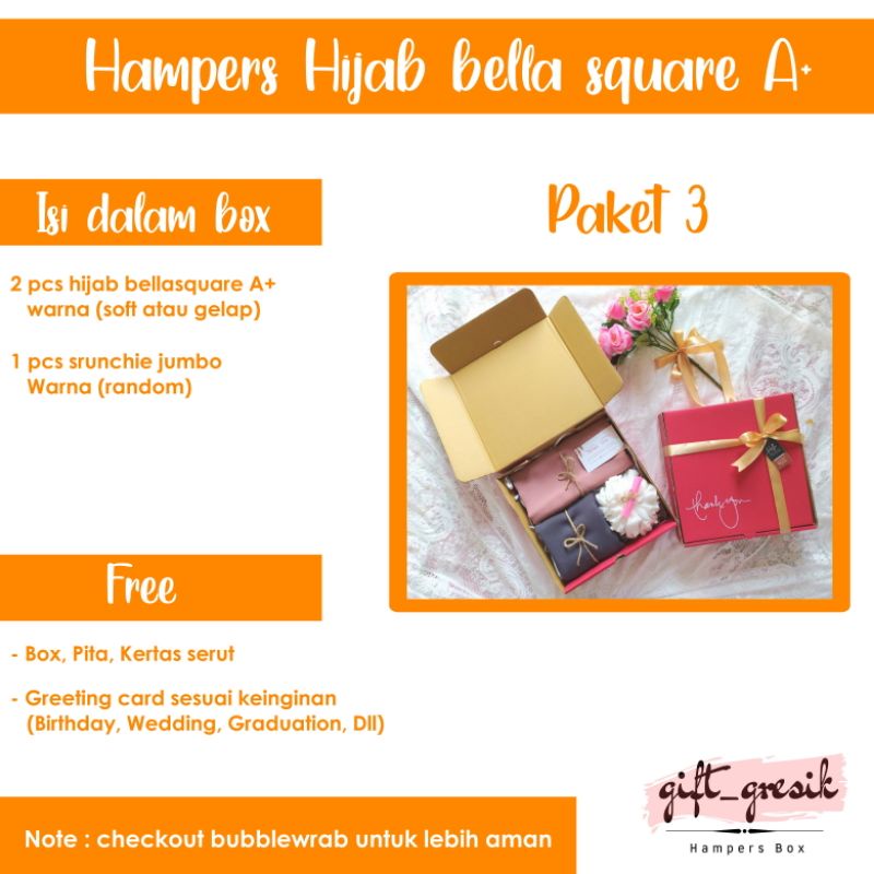 

Hampers hijab/Gift box hijab/Paket 3/Hijab bella square A+/Kado ulang tahun/Wisuda/Nikahan