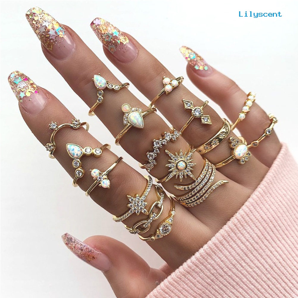 17pcs / Set Cincin Jari Bentuk Bunga Aksen Berlian Imitasi Gaya Bohemian Untuk Wanita