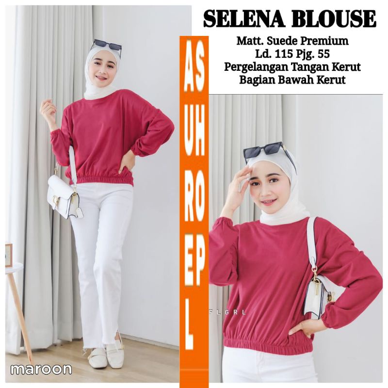 selena blouse bahan suade premium ld115 panjang 55 pergelangan tangan kerut bawah bagian pinggang ke