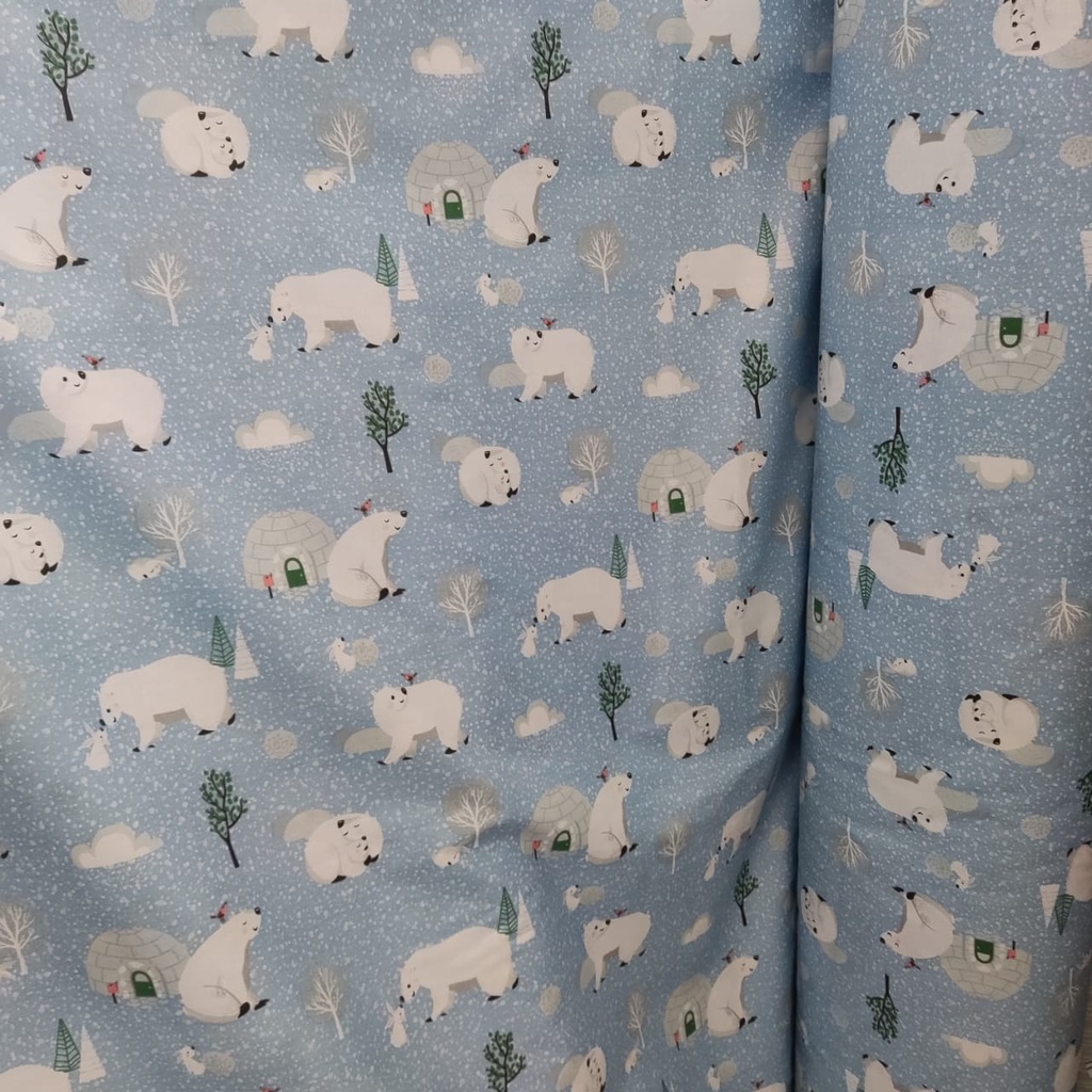 KAINKU - Kain Meteran Katun Lokal CVC motif bear cold tosca &amp; blue (harga 1 meter)