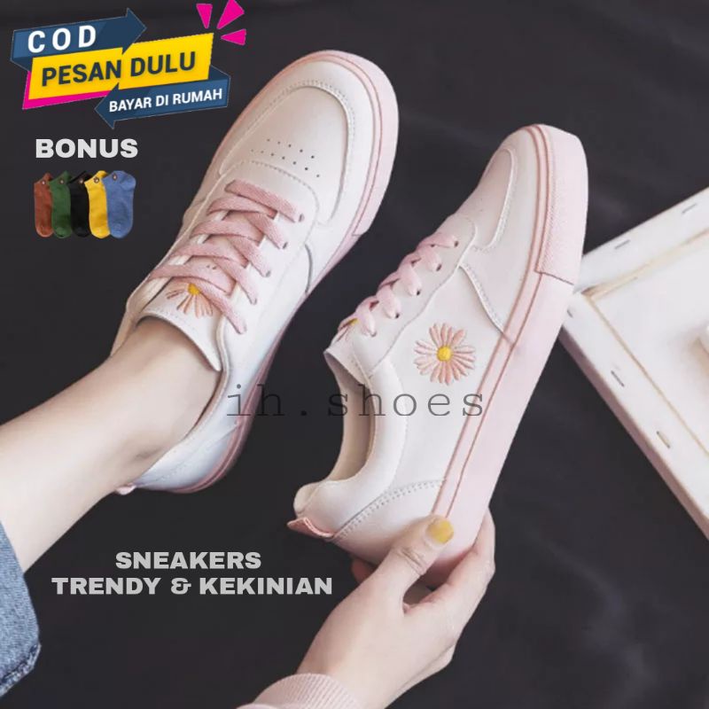 Sepatu sneakers wanita putih bunga matahari spatu snikers cewek tali terbaru sapatu kets cats ket perempuam cewe remaja korea murah