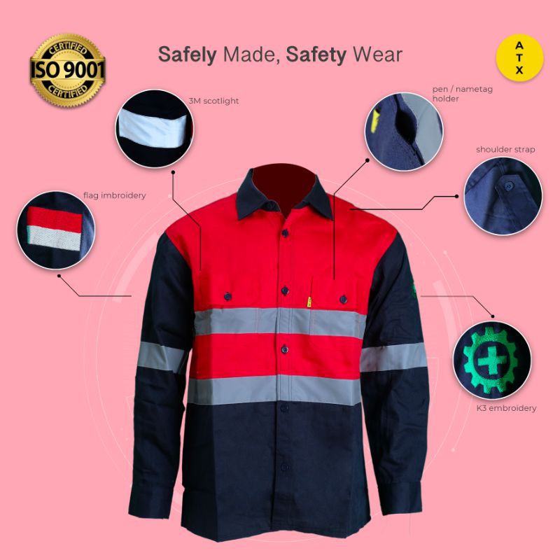 Wearpack Safety Baju Kerja Lengan Panjang Kombinasi Merah Navy ATX