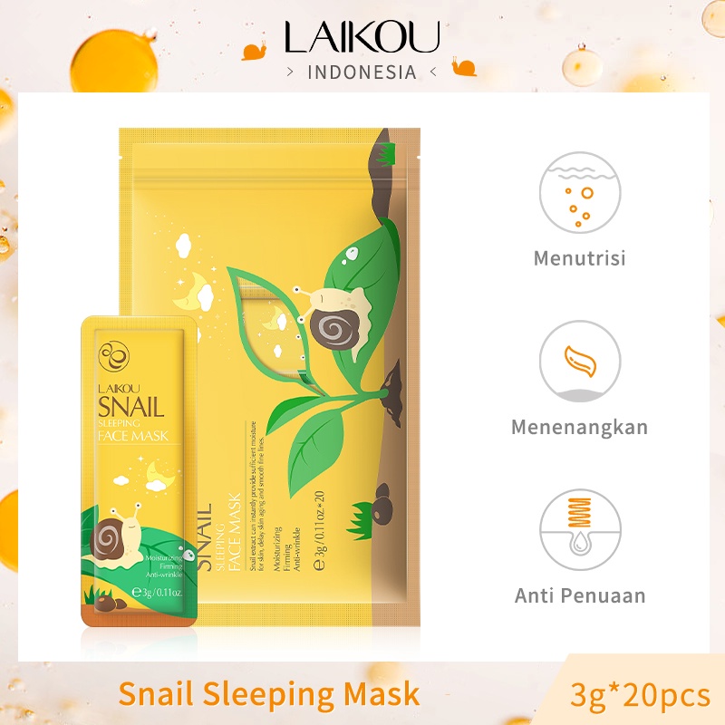 LAIKOU Sleeping Mask Siput Tanpa Bilas Krim Malam Meringankan Garis-garis Halus Kerutan 20 pcs