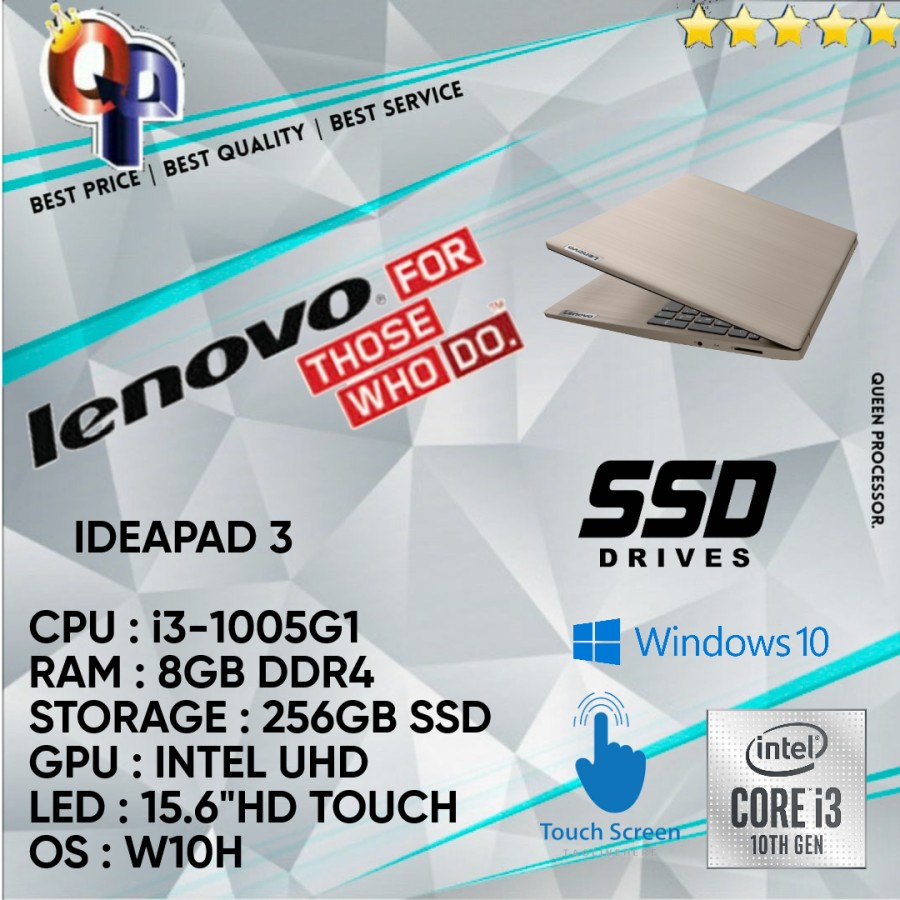 LAPTOP LENOVO IDEAPAD IP 3 * i3 1005G1 8GB 256GB SSD 15.6TOUCH WIN 10