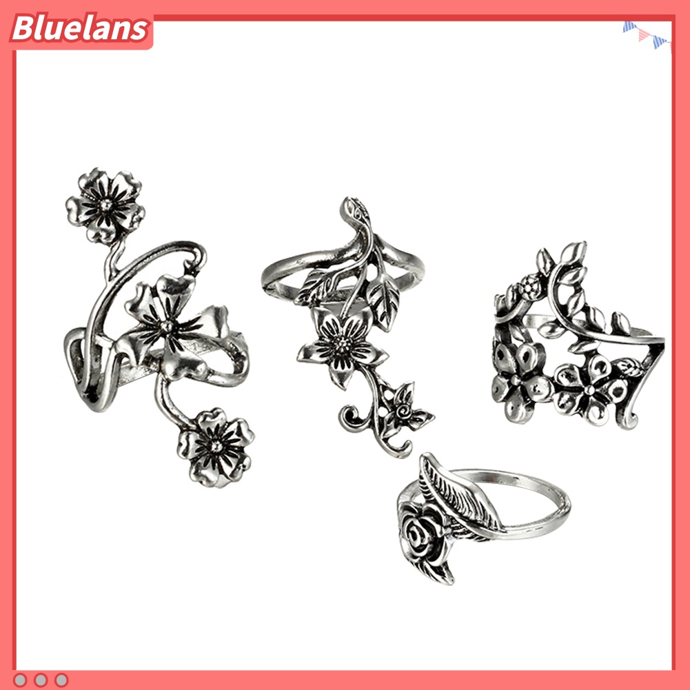 Bluelans Set Cincin Jari Desain Bunga Daun Merambat Gaya Vintage Untuk Wanita