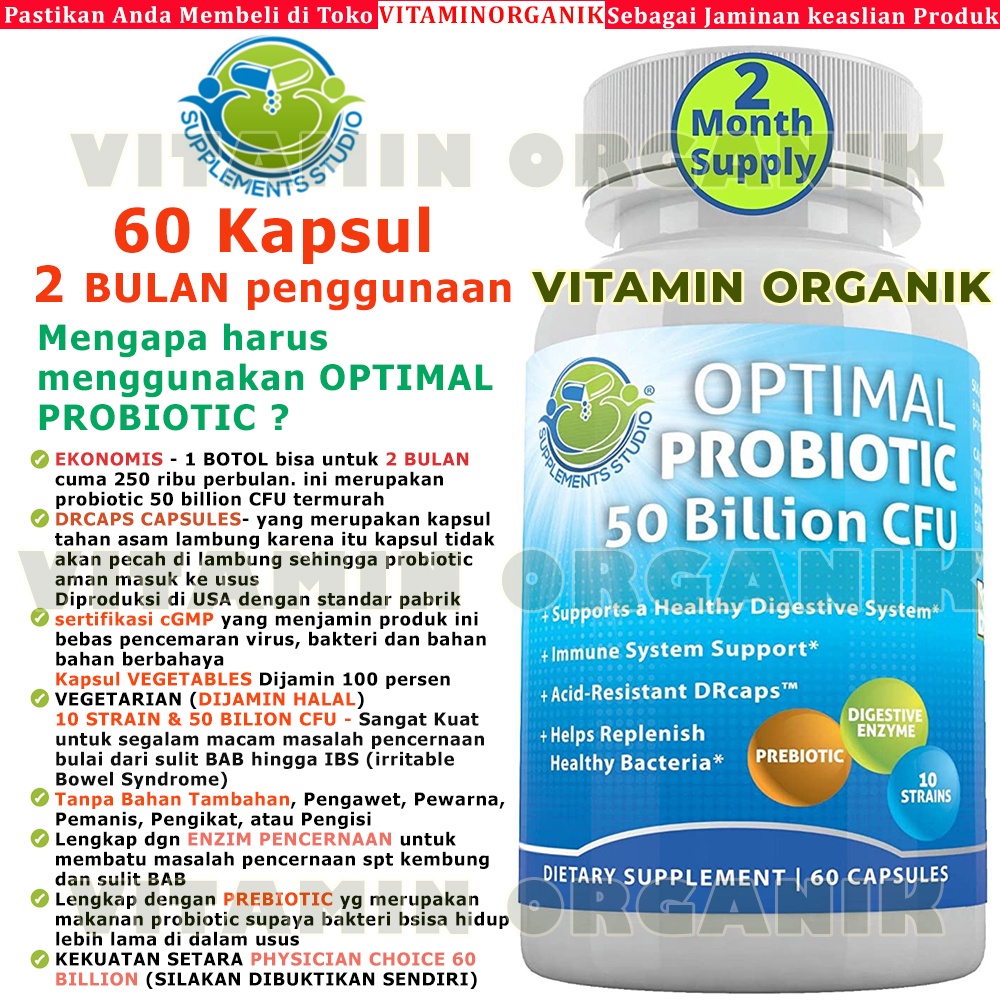 Probiotic /  Probiotik Optimal 10 strain 50 billion + Prebiotic + Enzim Supplement Studio ORI USA