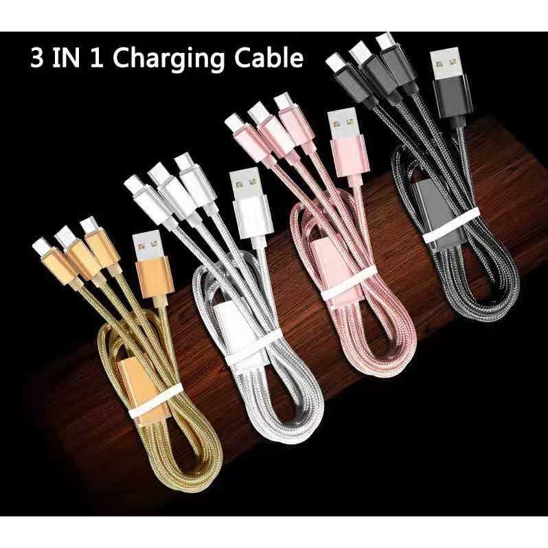 Kabel Charger 3in1 Type C Micro USB Apple Iphone Handphone Kabel USB Kabel Cas USB-C