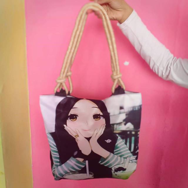 Tote bag hijab / tas tote tali dadung hijab / tas bahu hijabers printing / tas wanita by zellshop