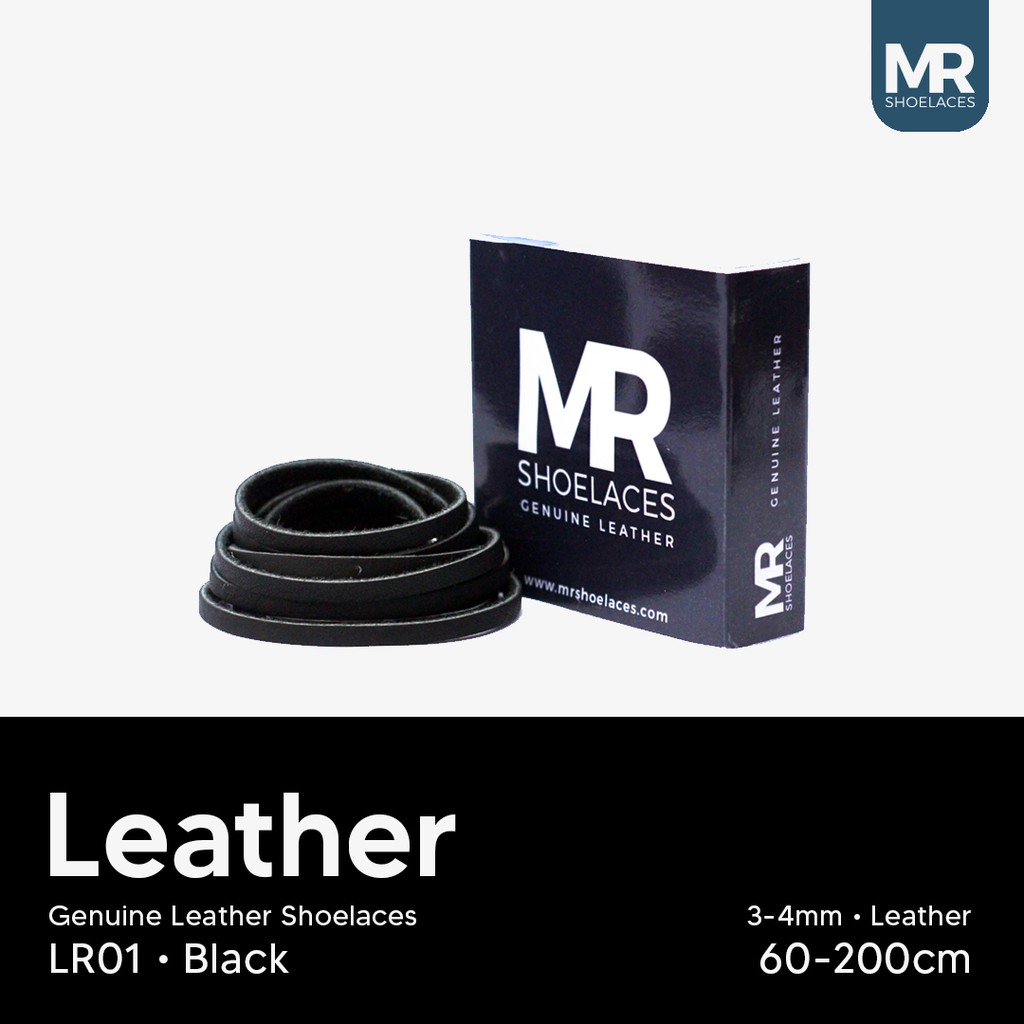 MR Shoelaces LR01 Black (Hitam) - Tali Sepatu Kulit 60cm 80cm 100cm 120cm 150cm 200cm - Premium Shoelace Leather