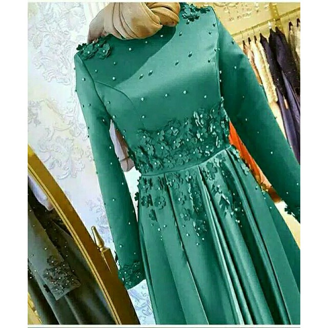 BAJU ATASAN DRES WANITA  Gamis Maxi Mote Mawar Tosca - Hijau Tosca