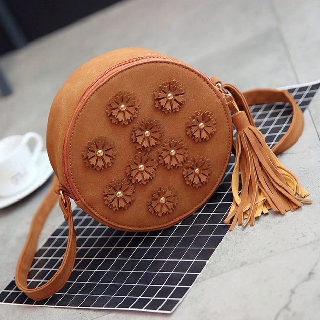 TAS SELEMPANG WANITA BULAT RUMBAI KULIT COKLAT BULATIA TA076B7 FASHION KOREA REMAJA KEKINIAN CEWEK M