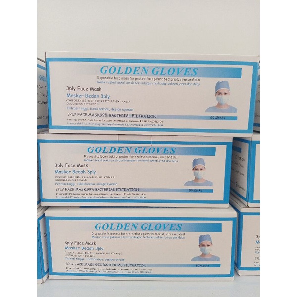 Masker medis earloop 3 ply golden glove hijau