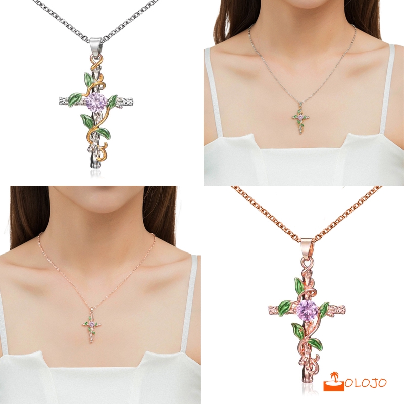 OLOJO Kalung Salib Daun Berlian Tembaga Liontin Wanita Necklace