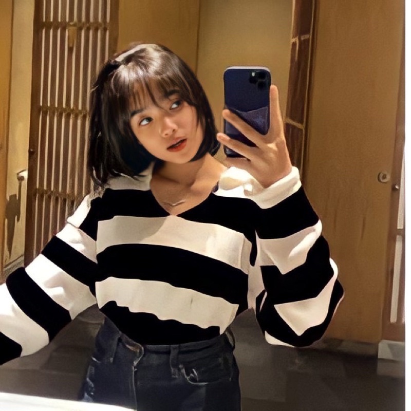 FUJI CROP ATASAN BLASTER STRIPE - BLOUSE RAJUT CROP TOP KOREA - SWEATER WANITA