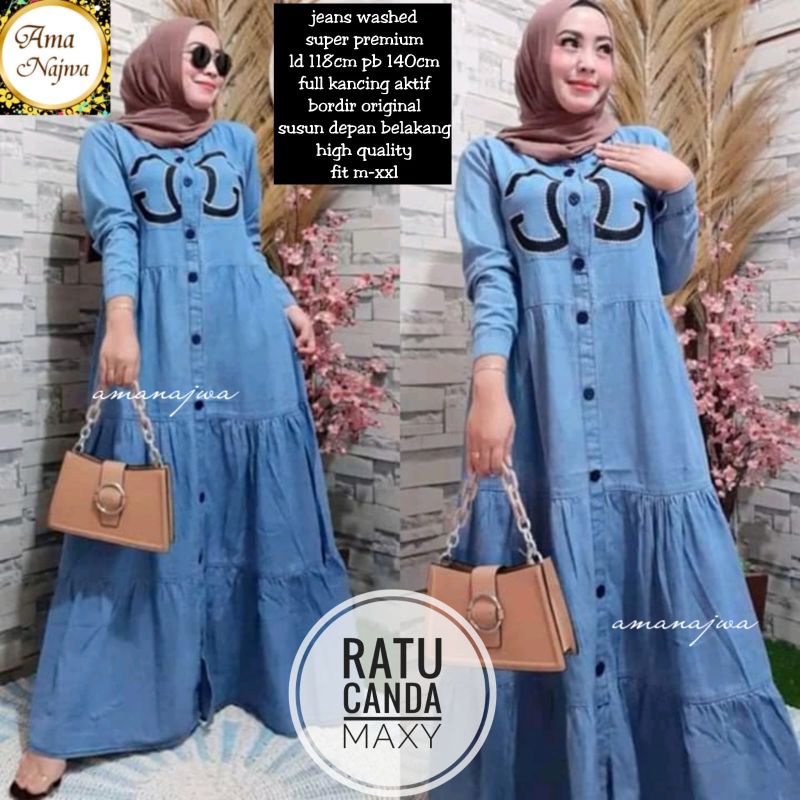 Ratu Canda Dress Maxy Gamis Polos Jeans Susun Rempel Ld 118 Jumbo Fit XXL Busui Kancing By Amj