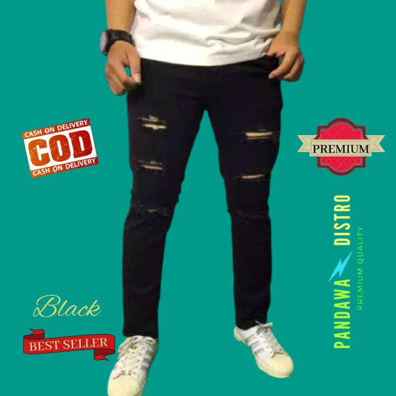 CELANA SOBEK PRIA RIPPED JEANS ROBEK SLIMFIT PENSIL SKINNY STRETCH DENIM HITAM PREMIUM 27-38