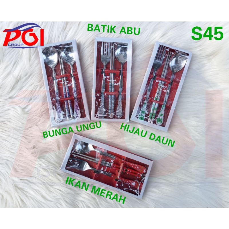 S ( S45 ) SOVENIR 1 SET ALAT MAKAN + BOX MERAH ( STAINLESS )