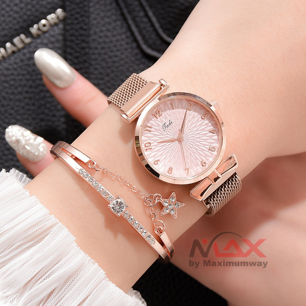 TADI Jam Tangan Wanita Bonus Gelang Premium Rantai Stainless Steel with Bracelet anti karat tahan lama 2022 Luxury Women Bracelet Quartz Watches For Women Magnetic Watch Set Ladies Dress Pink Dial Wrist Watch Clock Fashion Women Watches Luxury Leather