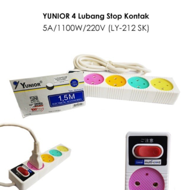 YUNIOR Stop Kontak Listrik 4 Lubang Colokan ±1.5 Meter Kabel