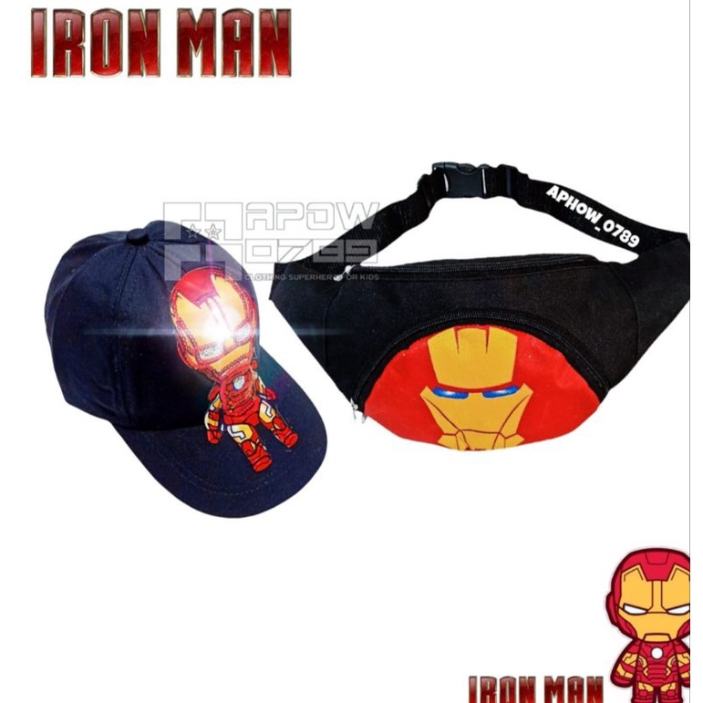 COD 2in1 tas slempang anak dan topi anak motif iron man LED bisa nyala waistbag anak