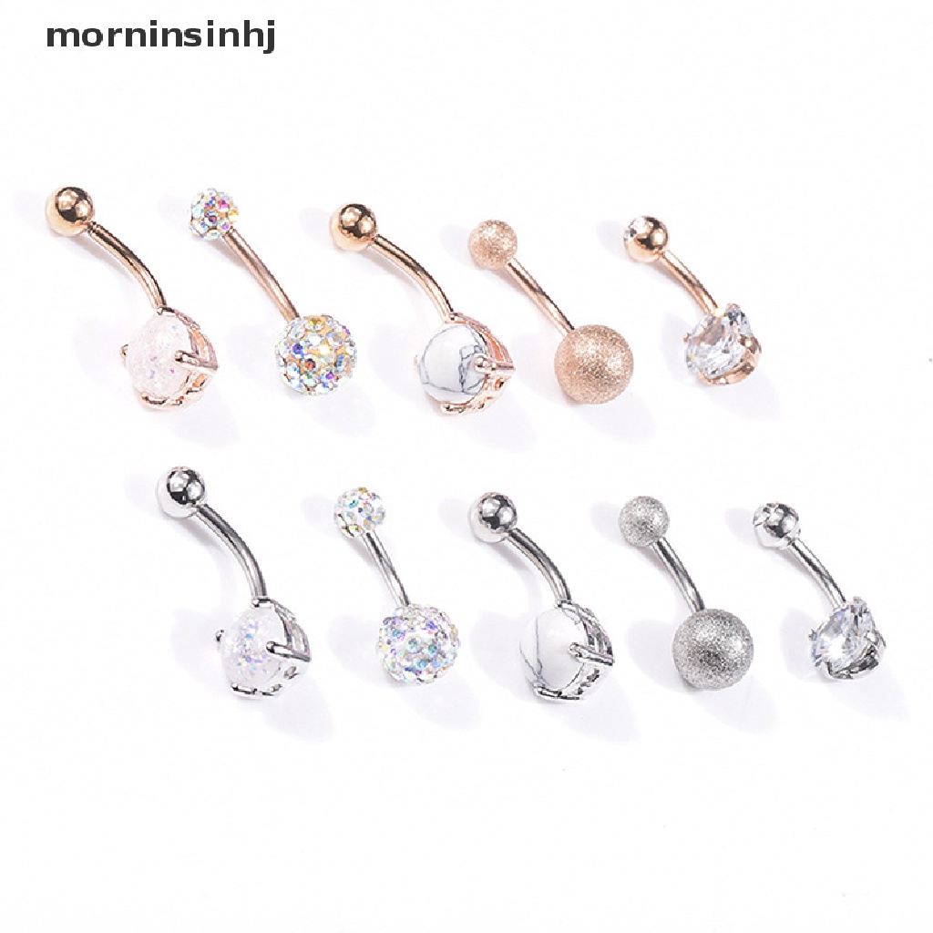 Mornin 1 Set Anting Tindik Perutpusar Model Barbel Hias Kristal Berlian Imitasi Untuk Wanita