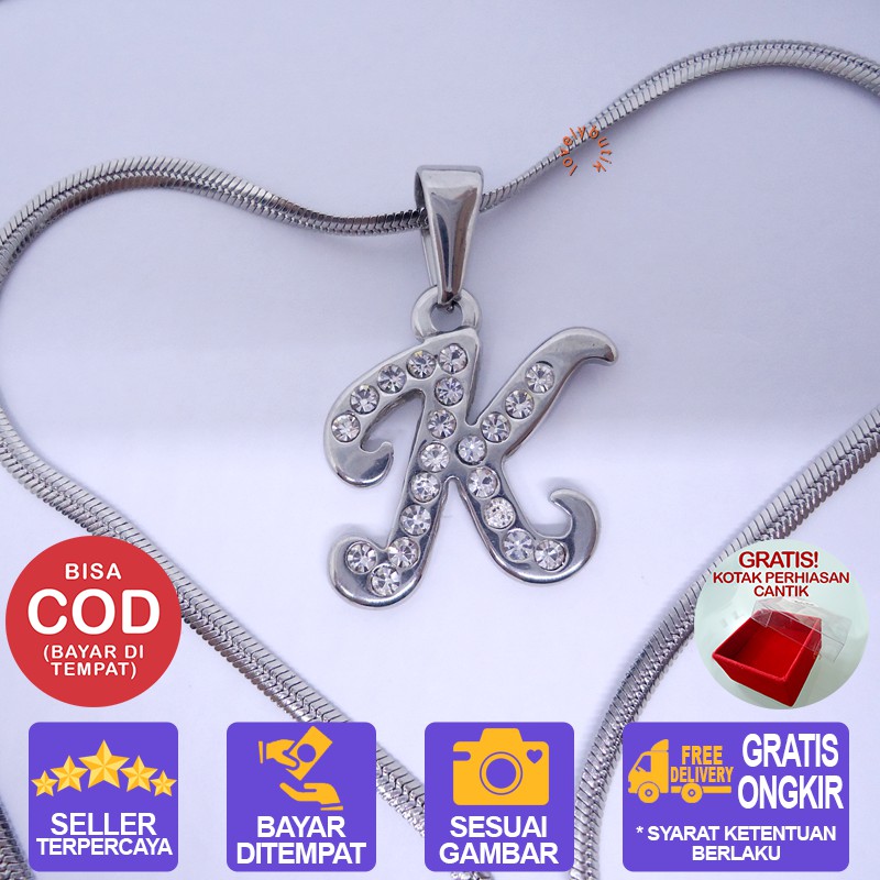 Lovelybutik Honey Kalung Huruf Titanium Anti Karat Inisial K Uk 45 cm BONUS KOTAK PERHIASAN