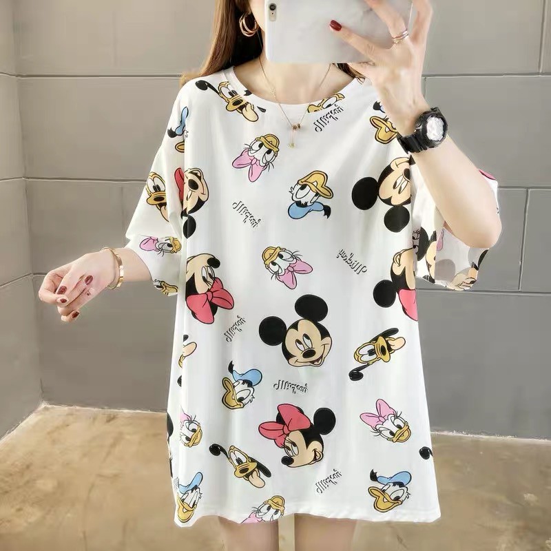 Oversize Tee Tshirt Model Longgar Untuk Wanita Motif Mickey Minnie