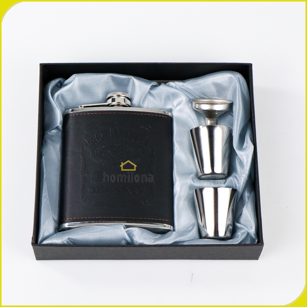 Botol Bir Hip Flask Stainless Steel Leather 7 Oz with Shot Glass - One Two Cups Black