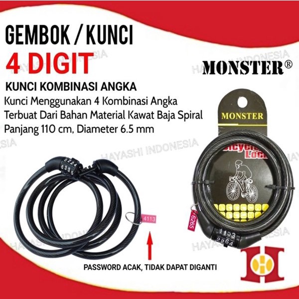 Gembok Kunci Pengaman Sepeda Motor Helm Kable Kode Angka 4 5 Digit